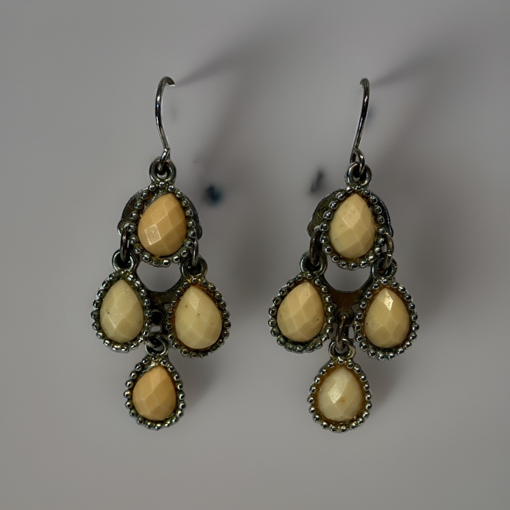 Anthropologie Teardrop Chandelier Dangle Earrings Peach w Silver-tone Metal 1.5"